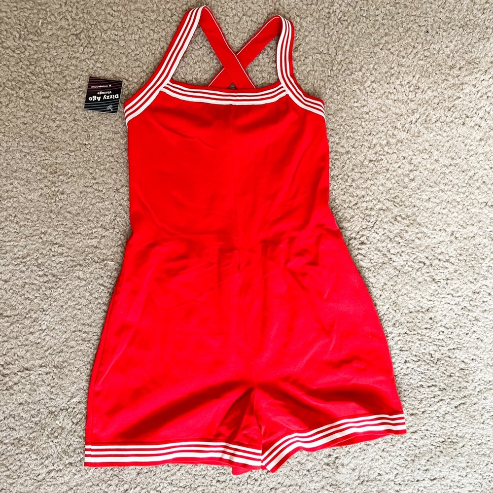 Vintage 70s Danskin❤️ Size Medium Women’s Playsuit Romper Red with White Stripes